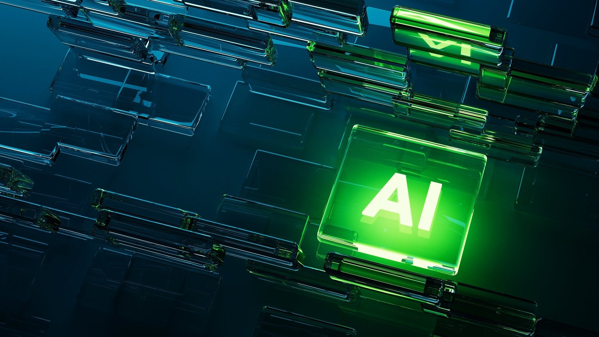 AI logo on neon blue violet glass
